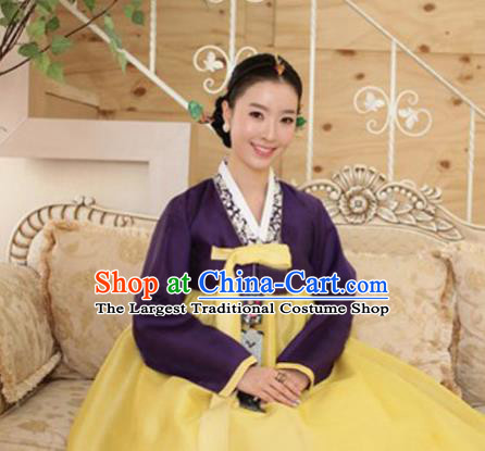 Korean Traditional Hanbok Garment Purple Blouse and Yellow Dress Asian Korea Fashion Costume for Women