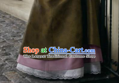Korean Traditional Hanbok Garment Blouse and Olive Green Dress Asian Korea Fashion Costume for Women