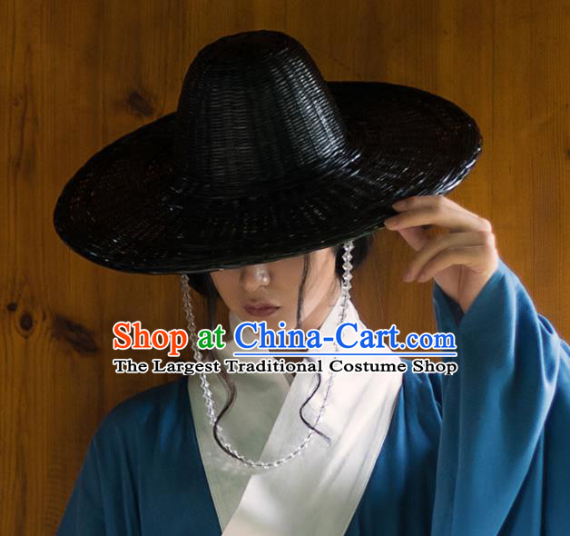 Chinese Traditional Ming Dynasty Swordsman Black Bamboo Hat Ancient Imperial Bodyguard Headdress for Men