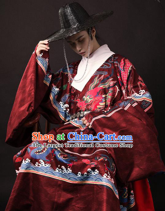 Chinese Traditional Ming Dynasty Blades Red Robe Ancient Imperial Guards Swordsman Costumes for Men