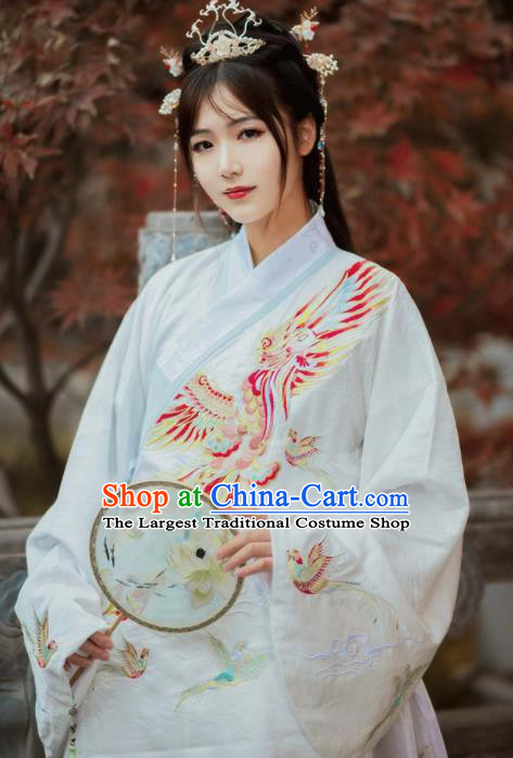Chinese Traditional Ming Dynasty Nobility Lady Embroidered Phoenix White Coat and Skirt Ancient Royal Princess Costumes for Women