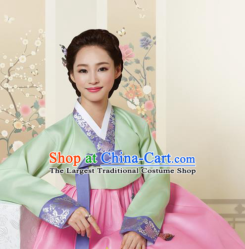 Korean Traditional Bride Court Hanbok Light Green Blouse and Pink Dress Garment Asian Korea Fashion Costume for Women