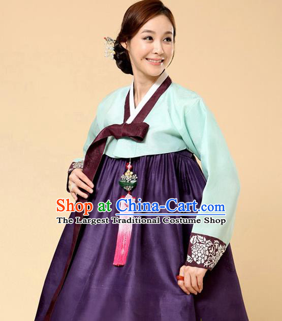 Korean Traditional Bride Court Hanbok Light Blue Satin Blouse and Purple Dress Garment Asian Korea Fashion Costume for Women