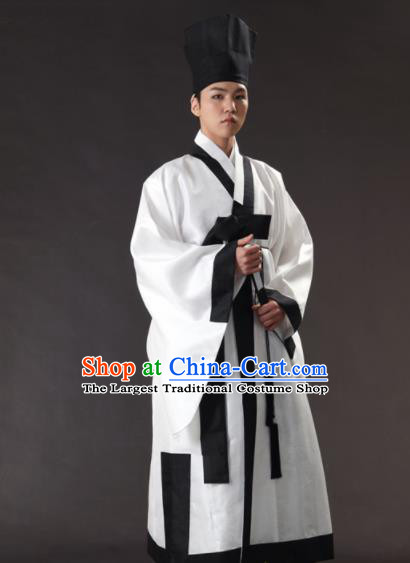 Korean Traditional Ancient Scholar White Robe and Pants Hanbok Asian Korea Bridegroom Fashion Costume for Men