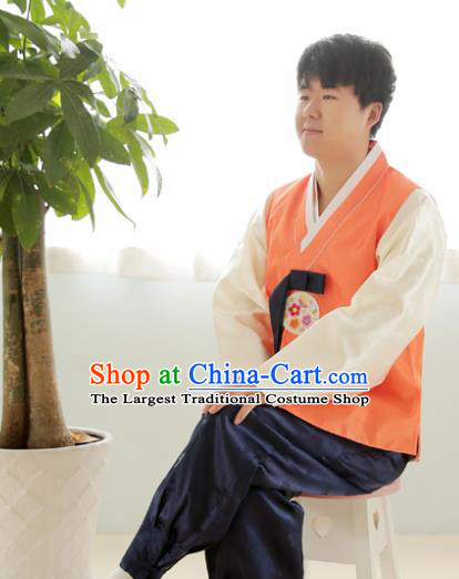 Korean Traditional Wedding Orange Vest and Navy Pants Hanbok Asian Korea Bridegroom Fashion Costume for Men