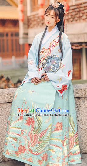 Chinese Traditional Ming Dynasty Nobility Lady Blue Brocade Blouse and Skirt Ancient Palace Princess Costumes for Women
