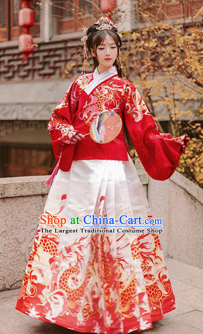 Chinese Traditional Wedding Hanfu Red Brocade Blouse and White Skirt Ancient Ming Dynasty Royal Princess Costumes for Women