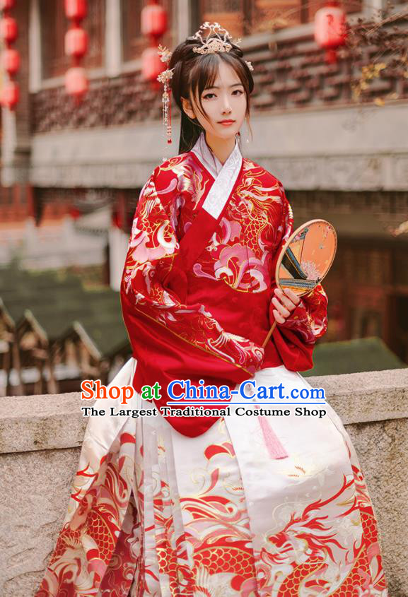 Chinese Traditional Wedding Hanfu Red Brocade Blouse and White Skirt Ancient Ming Dynasty Royal Princess Costumes for Women