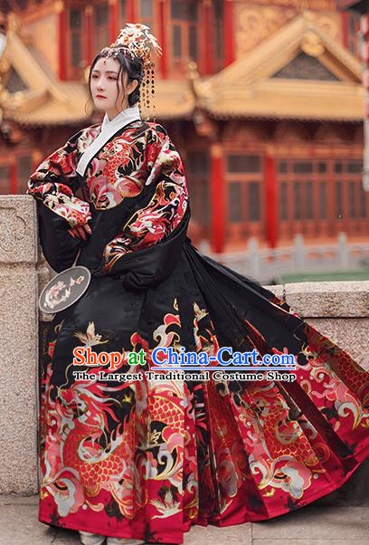 Chinese Traditional Hanfu Black Brocade Blouse and Skirt Ancient Ming Dynasty Imperial Consort Costumes for Women