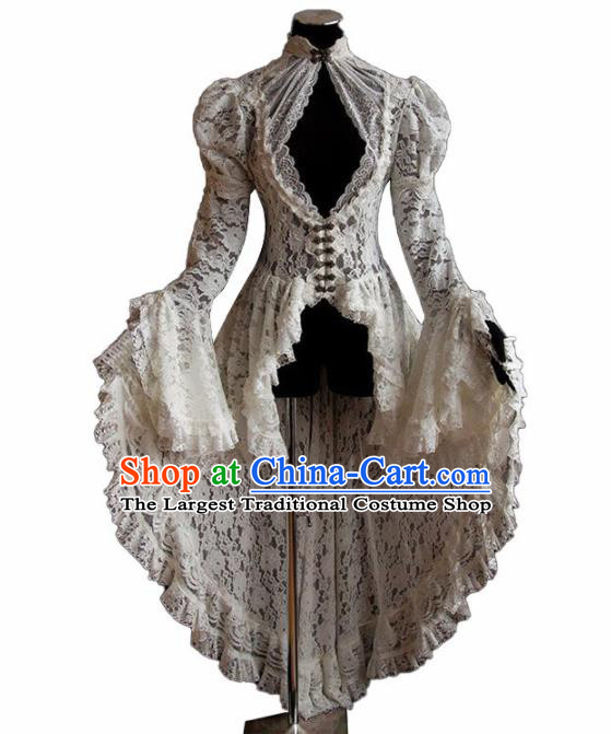 Western Halloween Middle Ages Drama White Lace Dress European Traditional Court Costume for Women
