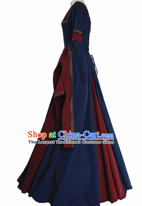 Western Halloween Renaissance Cosplay Queen Deep Blue Dress European Traditional Middle Ages Court Costume for Women