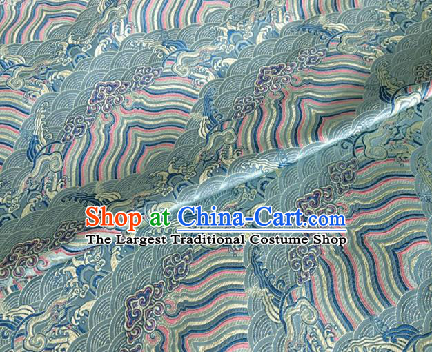 Asian Chinese Classical Wave Cliff Pattern Design Light Blue Brocade Jacquard Fabric Traditional Cheongsam Silk Material