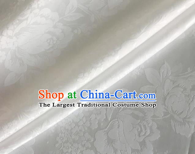 Asian Chinese Classical Peony Pattern Design White Silk Fabric Traditional Cheongsam Brocade Material