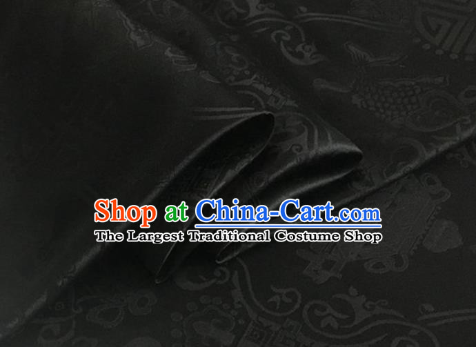 Asian Chinese Classical Double Fish Pattern Design Black Silk Fabric Traditional Cheongsam Material