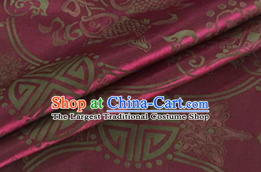 Asian Chinese Classical Double Fish Pattern Design Wine Red Silk Fabric Traditional Cheongsam Material