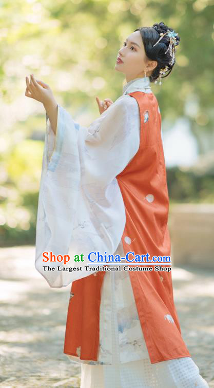 Chinese Traditional Hanfu Long Orange Vest Ancient Ming Dynasty Princess Costume for Women