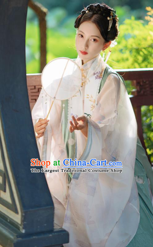 Chinese Traditional Hanfu Green Long Vest Ancient Ming Dynasty Princess Costume for Women