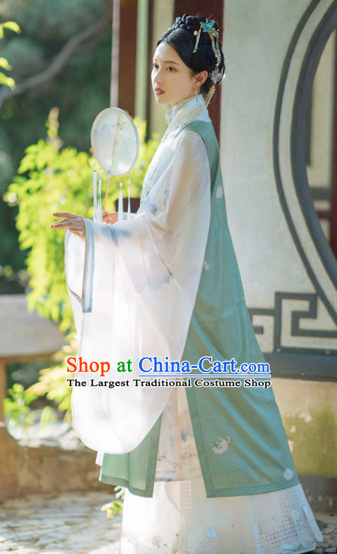 Chinese Traditional Hanfu Green Long Vest Ancient Ming Dynasty Princess Costume for Women