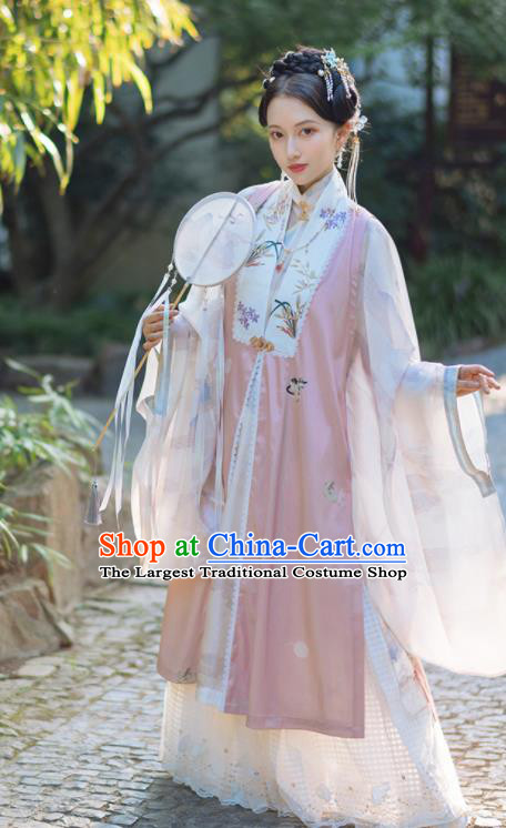Chinese Traditional Hanfu Pink Long Vest Ancient Ming Dynasty Princess Costume for Women