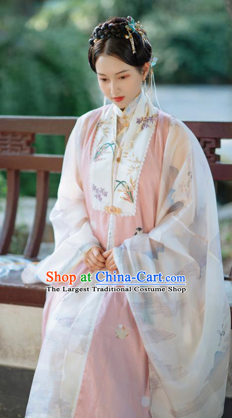 Chinese Traditional Hanfu Pink Long Vest Ancient Ming Dynasty Princess Costume for Women