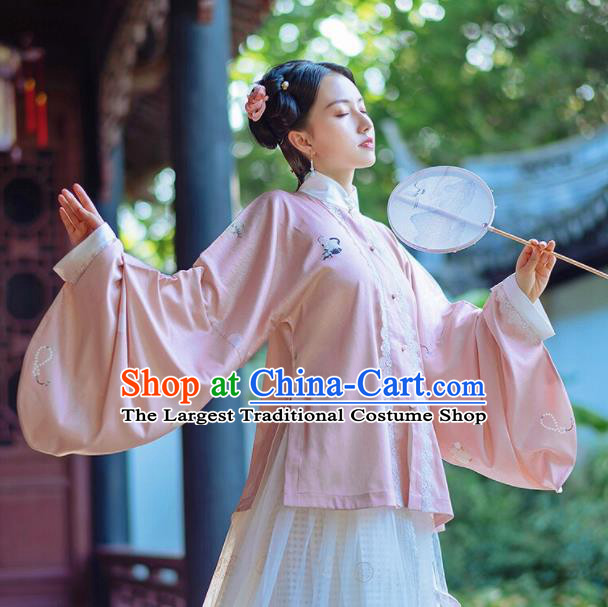 Chinese Traditional Hanfu Pink Blouse Ancient Ming Dynasty Princess Costume for Women