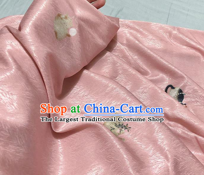 Asian Chinese Classical Cat Pattern Design Pink Silk Fabric Traditional Hanfu Brocade Material