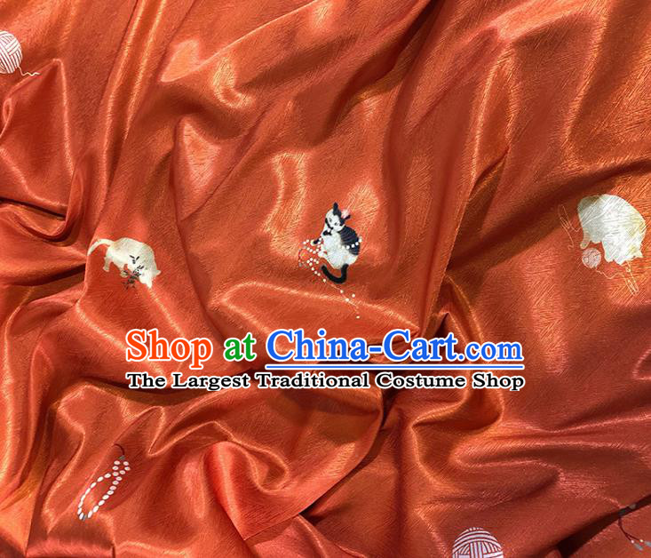 Asian Chinese Classical Cat Pattern Design Garnet Silk Fabric Traditional Hanfu Brocade Material