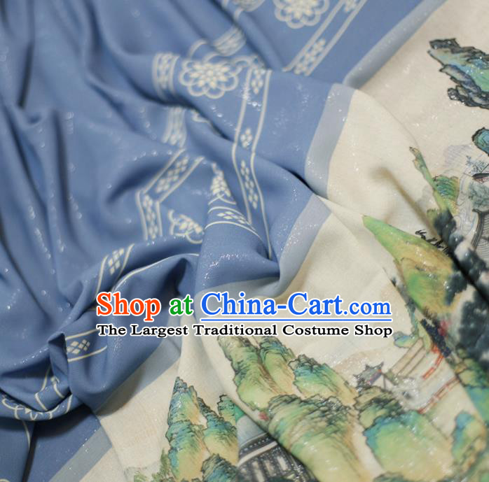 Asian Chinese Classical Printing Dream of the Red Chamber Pattern Design Blue Silk Fabric Traditional Hanfu Brocade Material