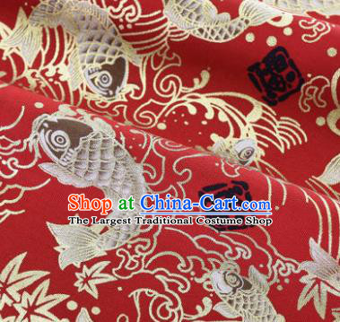 Asian Japanese Classical Carp Pattern Design Red Silk Fabric Traditional Kimono Brocade Material