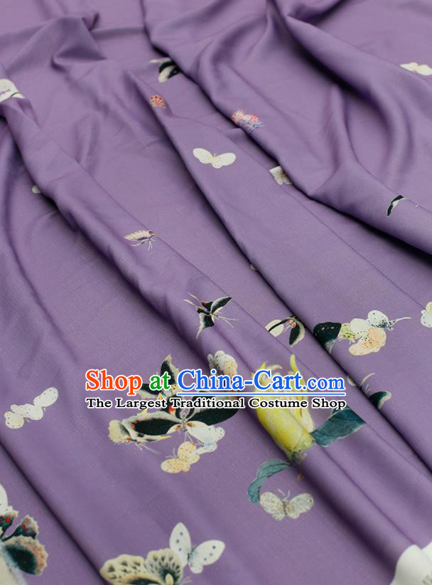 Asian Chinese Classical Printing Butterfly Pattern Design Purple Silk Fabric Traditional Hanfu Brocade Material