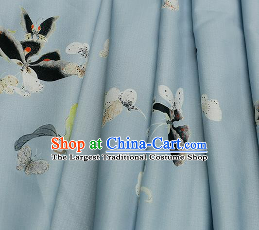Asian Chinese Classical Printing Butterfly Pattern Design Blue Silk Fabric Traditional Hanfu Brocade Material