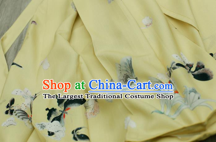 Asian Chinese Classical Printing Butterfly Pattern Design Yellow Silk Fabric Traditional Hanfu Brocade Material