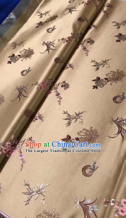 Asian Chinese Classical Plum Orchid Bamboo Chrysanthemum Pattern Design Light Golden Silk Fabric Traditional Nanjing Brocade Material