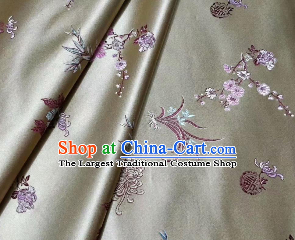 Asian Chinese Classical Plum Orchid Bamboo Chrysanthemum Pattern Design Light Golden Silk Fabric Traditional Nanjing Brocade Material