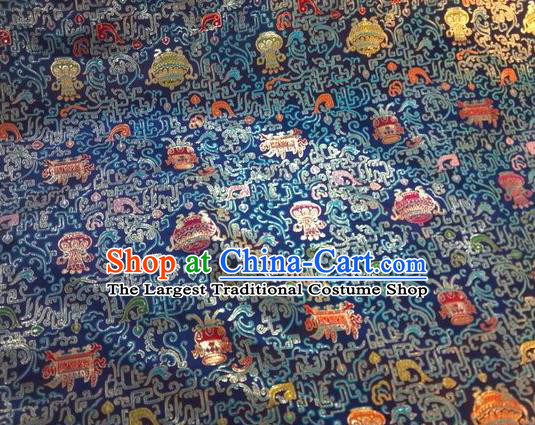 Asian Chinese Classical Eight Treasures Pattern Design Navy Silk Fabric Traditional Nanjing Brocade Material