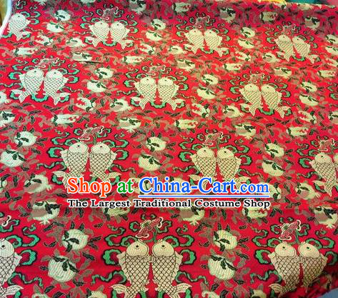 Asian Chinese Classical Peach Fish Pattern Design Red Silk Fabric Traditional Nanjing Brocade Material