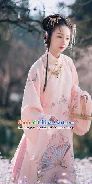 Traditional Chinese Ancient Nobility Lady Pink Embroidered Dress Ming Dynasty Palace Princess Costumes for Women