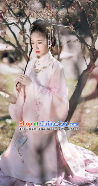 Traditional Chinese Ancient Nobility Lady Pink Embroidered Dress Ming Dynasty Palace Princess Costumes for Women