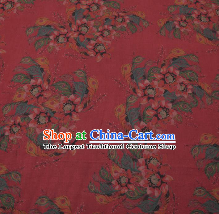 Asian Chinese Classical Ombre Flowers Pattern Design Wine Red Watered Gauze Fabric Traditional Silk Material