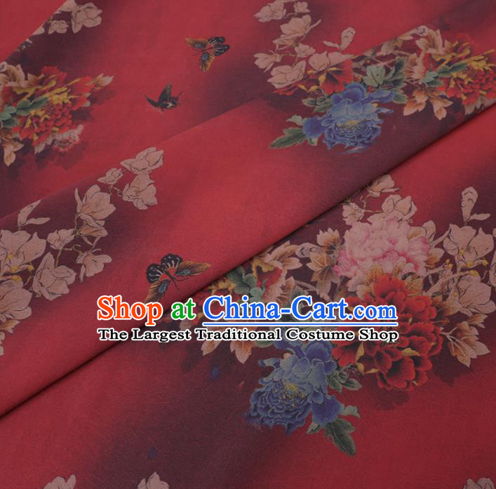 Asian Chinese Classical Peony Butterfly Pattern Design Dark Red Watered Gauze Fabric Traditional Silk Material