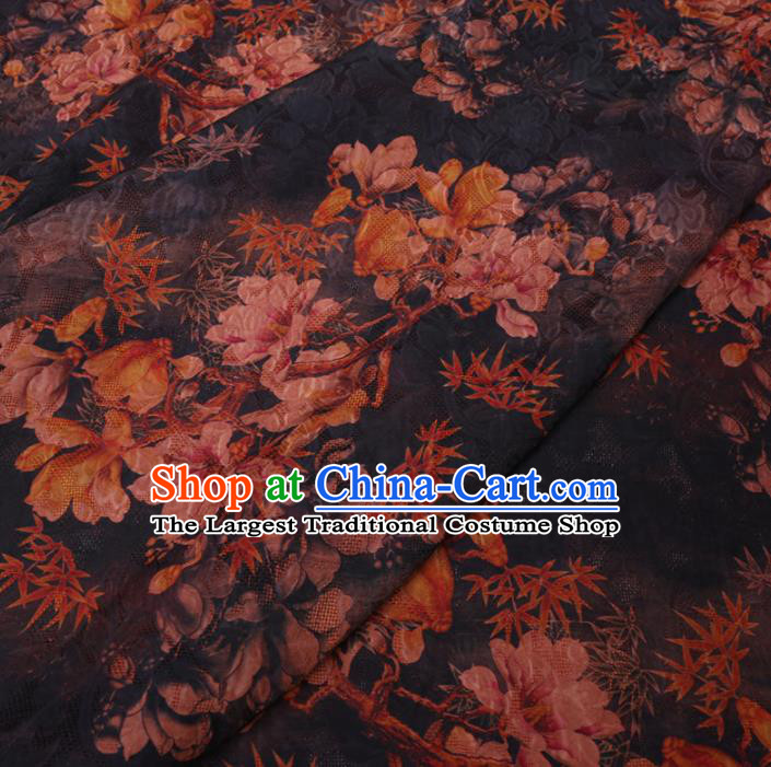 Asian Chinese Classical Magnolia Maple Leaf Pattern Design Navy Watered Gauze Fabric Traditional Silk Material