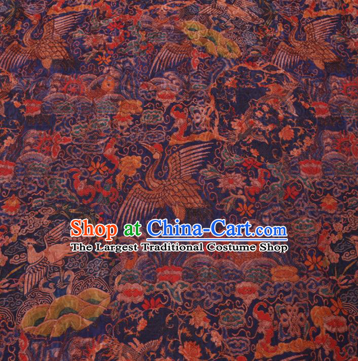 Asian Chinese Classical Cloud Crane Pattern Design Navy Watered Gauze Fabric Traditional Silk Material