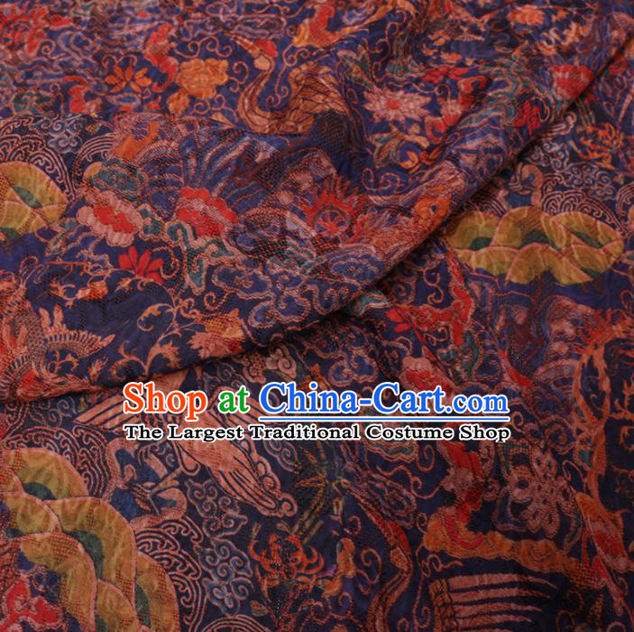Asian Chinese Classical Cloud Crane Pattern Design Navy Watered Gauze Fabric Traditional Silk Material