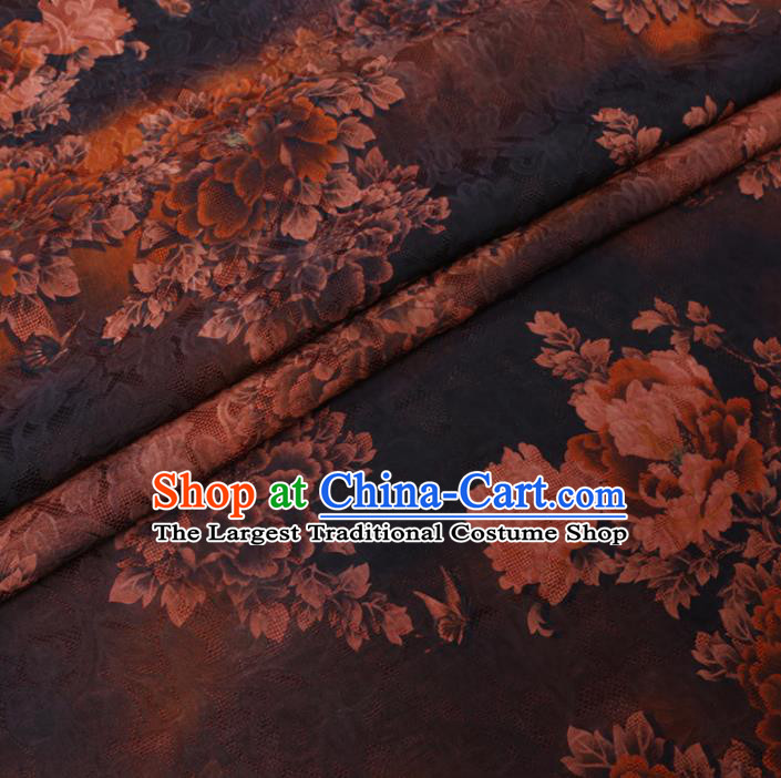 Asian Chinese Classical Peony Pattern Design Brown Watered Gauze Fabric Traditional Silk Material