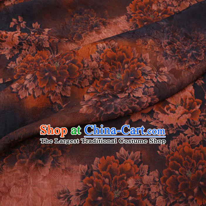 Asian Chinese Classical Peony Pattern Design Brown Watered Gauze Fabric Traditional Silk Material