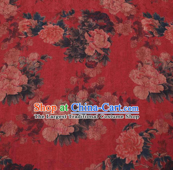 Asian Chinese Classical Peony Flowers Pattern Design Red Watered Gauze Fabric Traditional Silk Material