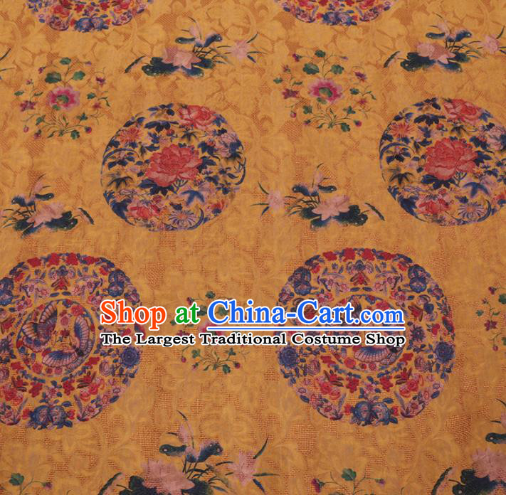 Asian Chinese Classical Butterfly Peony Pattern Design Yellow Watered Gauze Fabric Traditional Silk Material