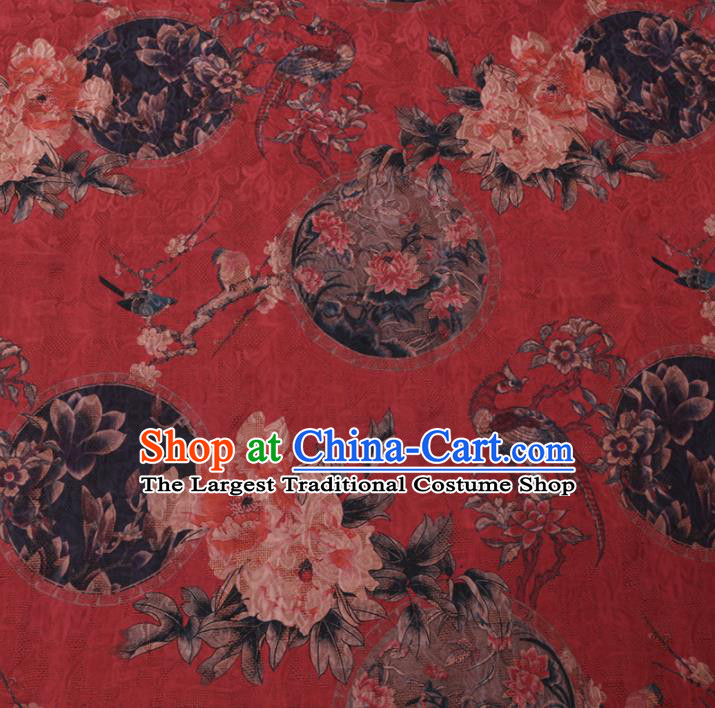 Chinese Classical Peony Plum Pattern Design Red Watered Gauze Fabric Asian Traditional Silk Material