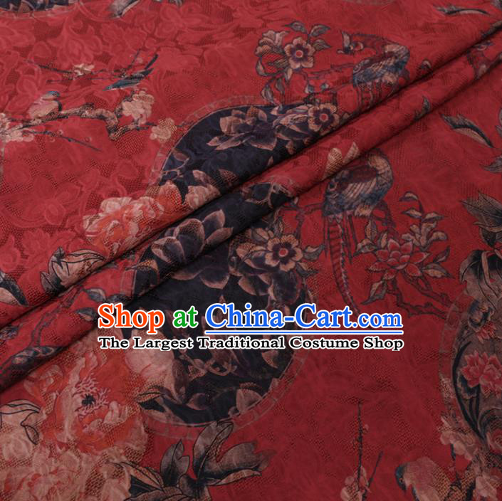 Chinese Classical Peony Plum Pattern Design Red Watered Gauze Fabric Asian Traditional Silk Material