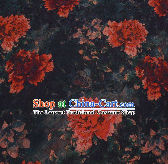 Chinese Classical Peony Flowers Pattern Design Black Watered Gauze Fabric Asian Traditional Silk Material